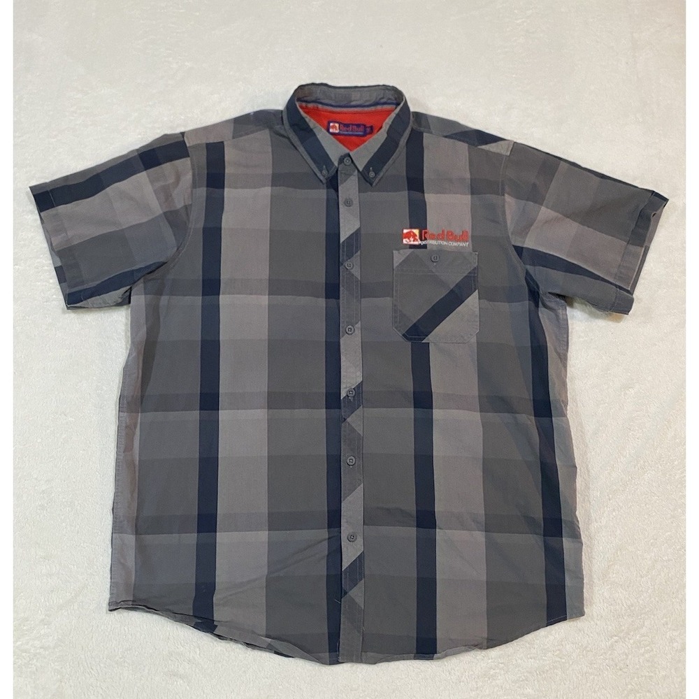 Red Bull Shirt Men XL Gray Distribution Uniform Workwear Plaid Button Down